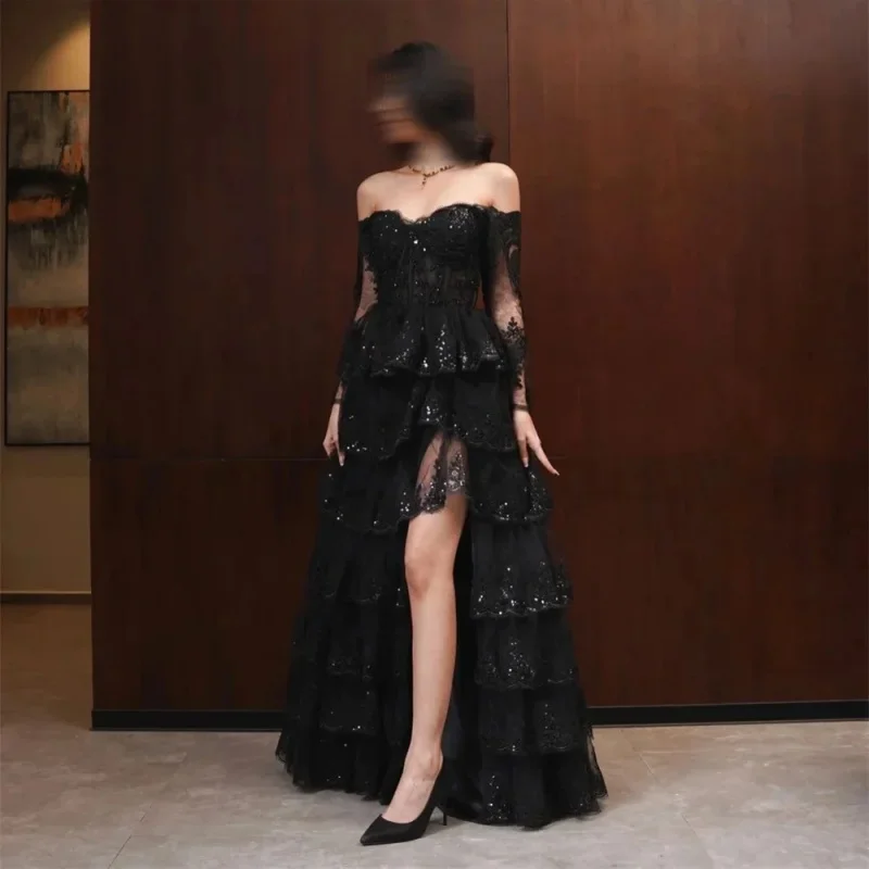 

Women'S Lace Applique Evening Dress Sexy High Slit, Shoulder Off Ball Dress High Slit, Shoulder Card Sleeveless Cocktail Dress