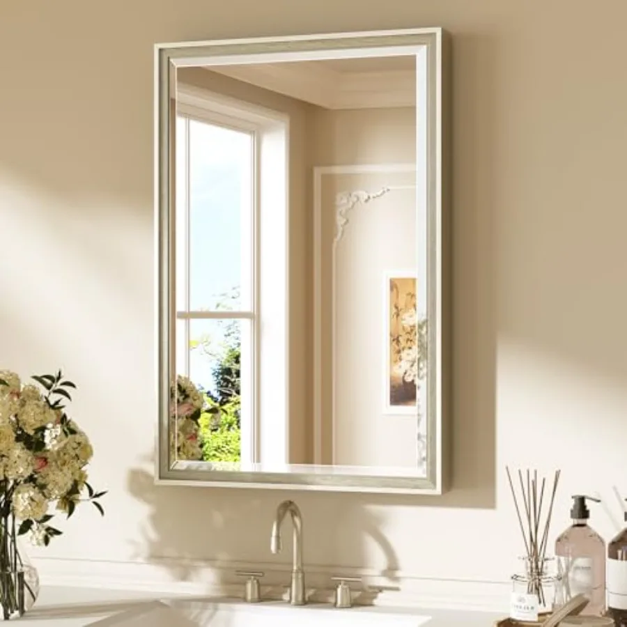 

20" x 30" Bathroom Mirrors for Over Sink, Silver Vanity Mirror for Wall, Thick Metal Framed, Beveled Edge Tempered Glass, Moder