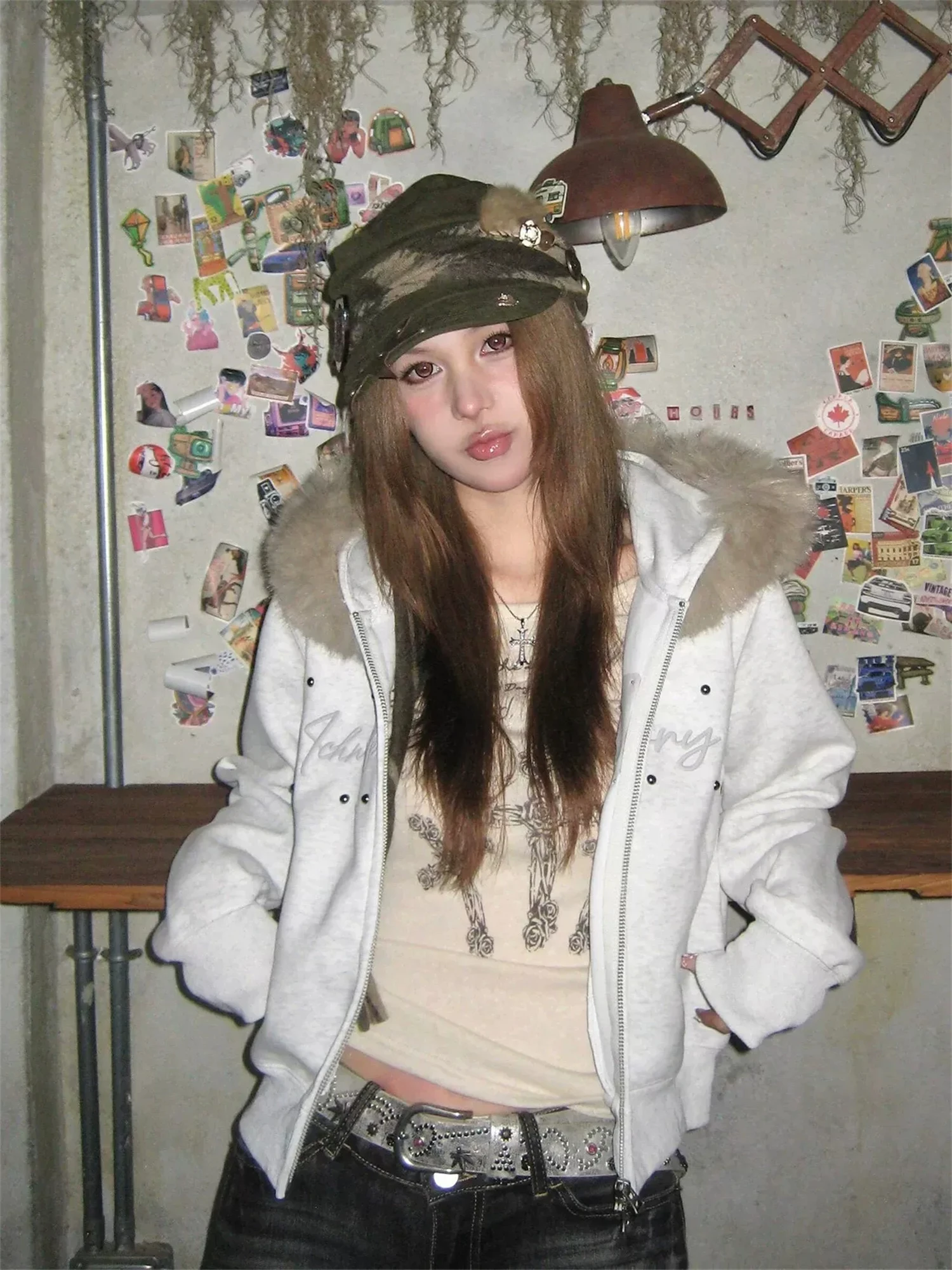 Y2K Grunge Faux Fur Collar Zip Up Hoodie Women Stud Embroidered Slim Fit Cropped Long Sleeve Streetwear Fall Winter Top