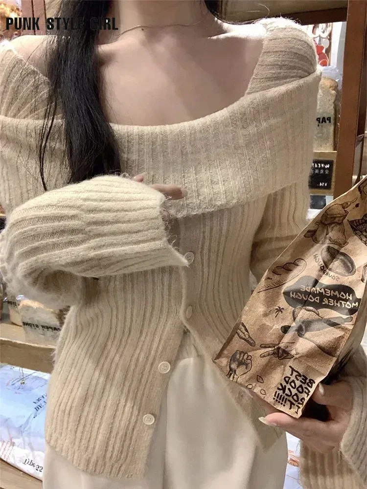 2024 Korean Gray Off Shoulder Solid Knit Sweater Women Old Money Style Long Sleeve Jersey Y2K Gyaru Slash Neck Basic Jumper Tops