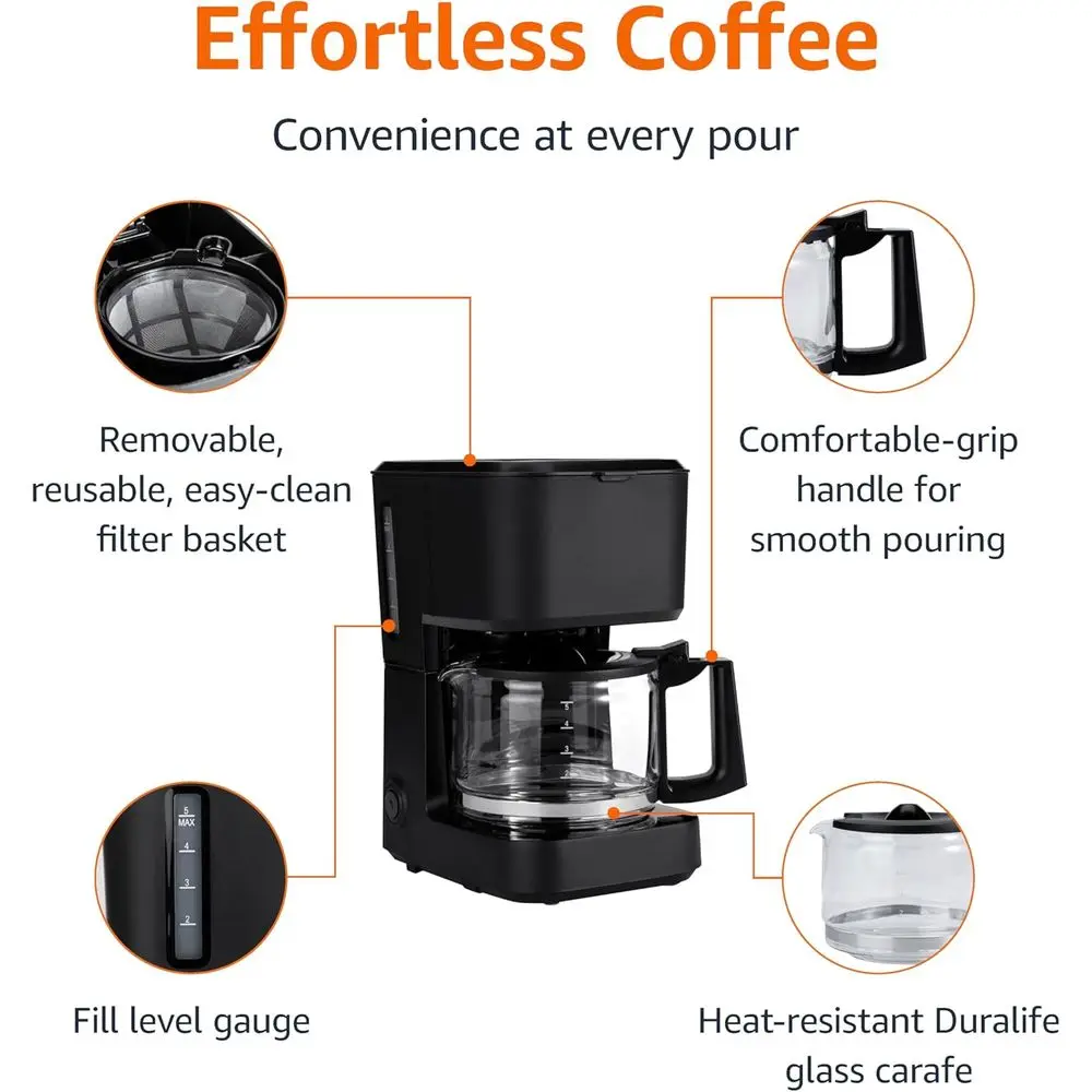 5 Cup Drip Coffee Maker with Glass Coffee Pot (0.8 Qt), Auto Shut-Off, Auto Pause, Removable Filter Basket, Matte Black