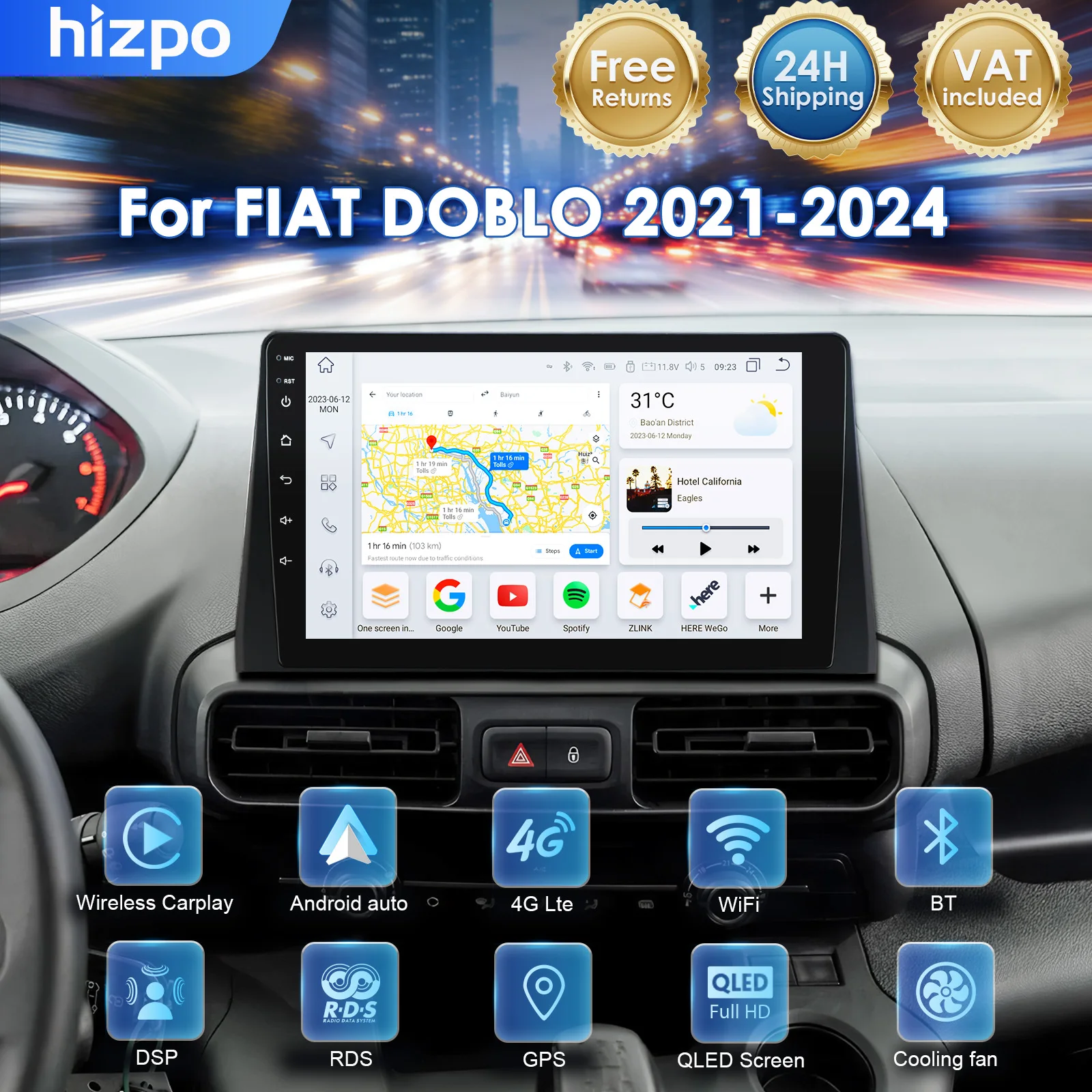 Hizpo 10.1“ Android 14 Head Unit Smart Monitor per FIAT DOBLO 2021 - 2024 Autoradio Lettore Multimediale Auto 2Din GPS DSP Telecamera 360