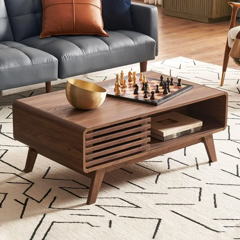 Couchtisch, Mid-Century Modern Table mit Stauraum, Bauernhaus-Couchtisch aus Holz für das Wohnzimmer, geschwungener Tisch mit runden Kanten