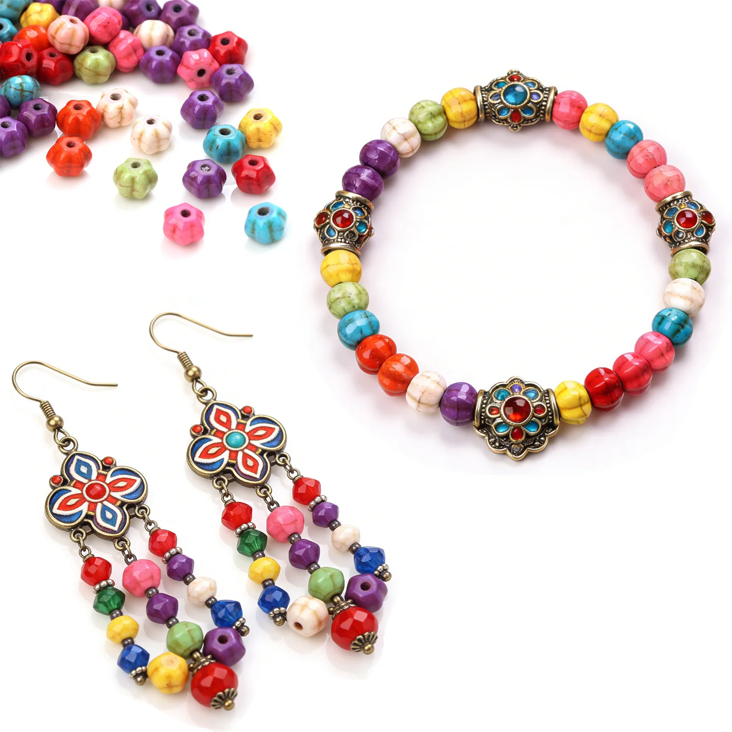 7MM/10MM 1String Mixed Colors Turquoise Stone Pumpkin Loose Beads DIY Bracelet/Necklace/Earrings Jewelry Accessories Making