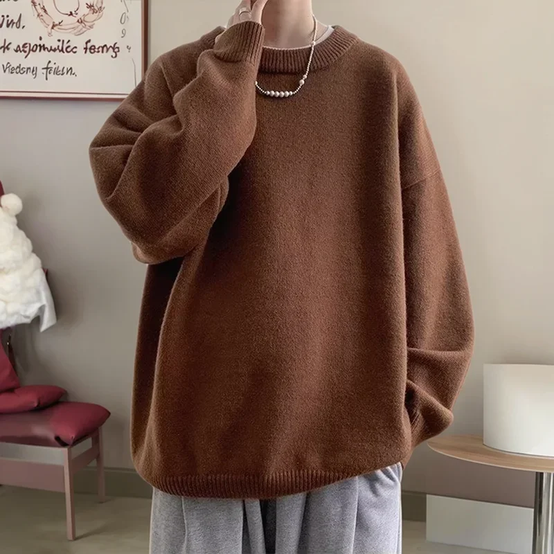 

Loose Fit Knitted Sweater Men Round Neck Autumn Lazy Style Versatile Sweaters Casual Young Men Korean Solid Color Wool Pullovers