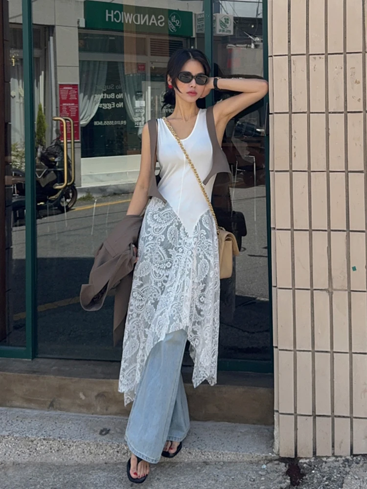 Vestido de Verão F com Design Irregular em Patchwork e Renda, Novo Vintage, Camadas Longas, Cintura Alta, Sem Mangas