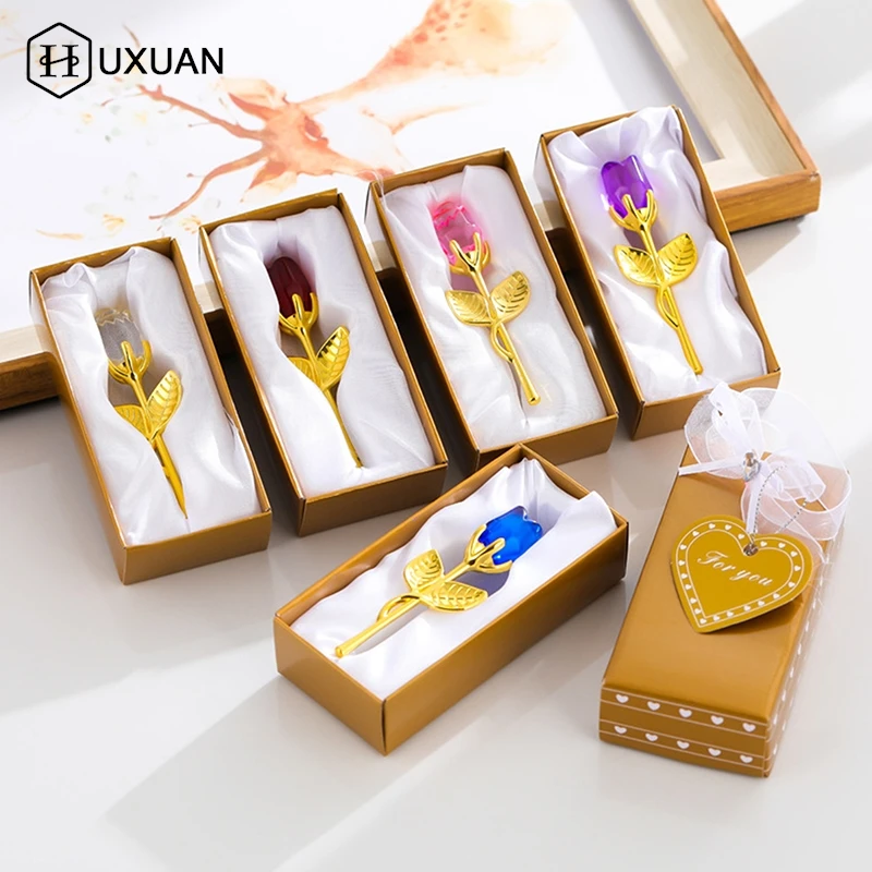 10color Crystal Glass Rose Flower Figurines Craft Artificial Flower With Box Valentine'S Day Wedding Favors Lovers Gift Souvenir