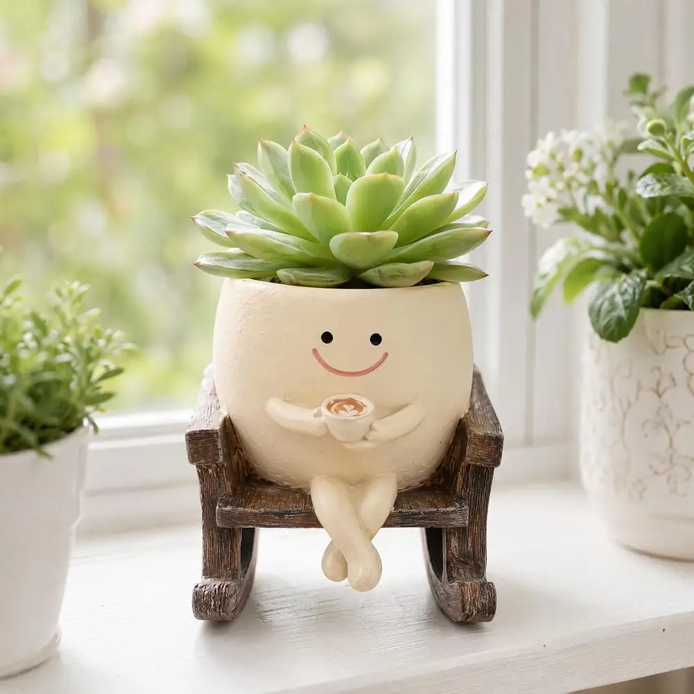 Cute Rocking Chair Head Planters Smile Face Succulents Flower Pots Indoor Outdoor Drainage Hole Gift Plant Supplies