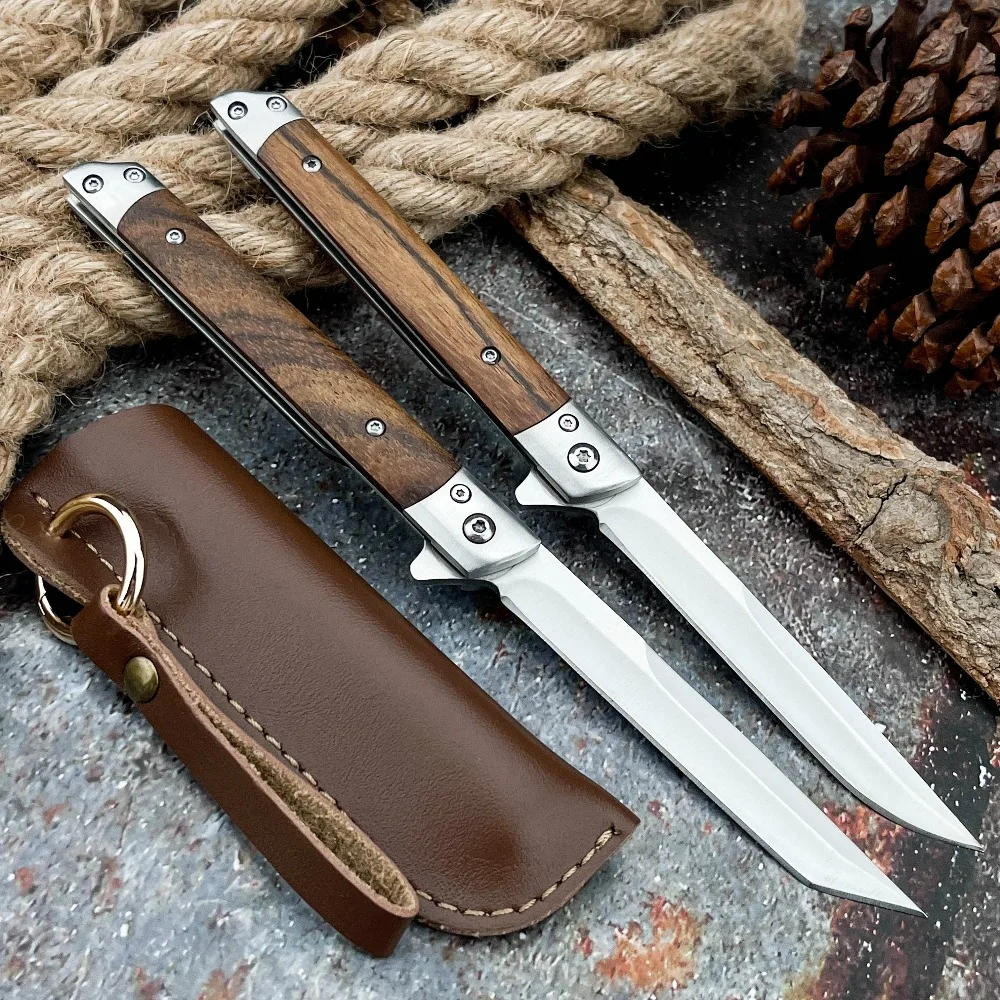 Outdoor Camping Folding Knife 5Cr13MoV Stainless Steel Blade Wood Handle EDC Pocket Knife with Leather Sheath