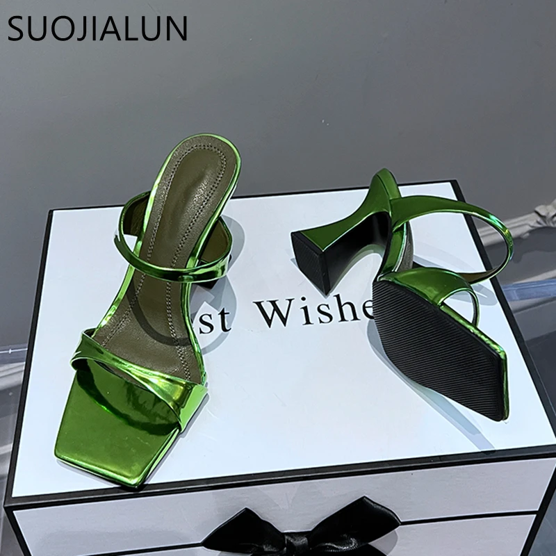 SUOJIALUN 2023 Summer New Brand Women Slipper Square High Heel Ladies Sandal Shoes Narrow Band Elegant Outdoor Dress Pumps Shoes