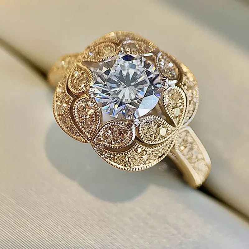 Fashion Guochao ethnic style jewelry, retro flowers, exquisite flower round zircon women's ring