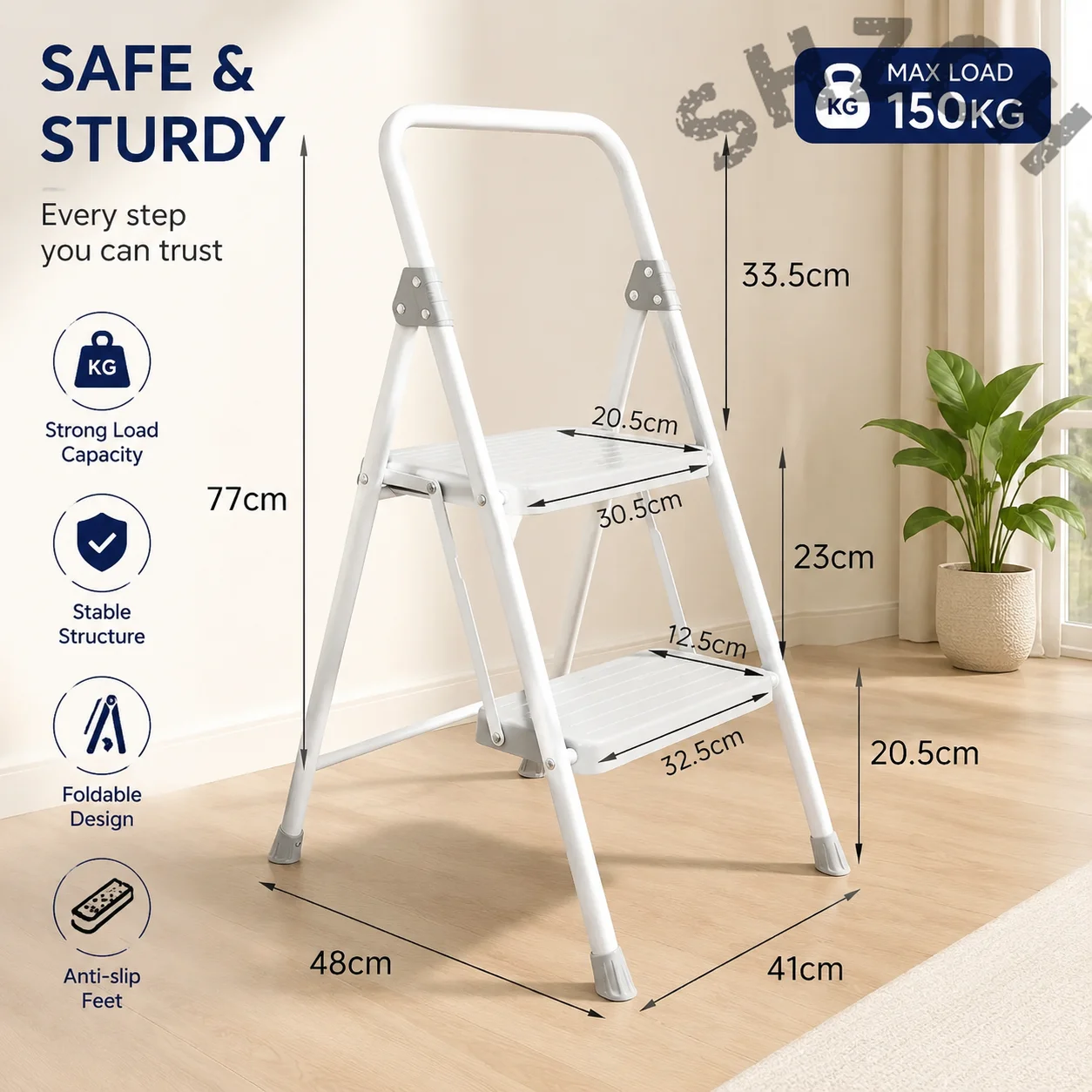 Heavy-Duty Folding Herringbone Step Stool for Kitchen, Bathroom & Indoor Cleaning – 2-Step Household Ladder