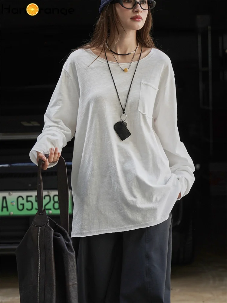 

HanOrange 2025 Early Autumn Simple Washed Bamboo Cotton O-neck Rolled Edge T-shirt Women Soft Bone Casual Top Tees White