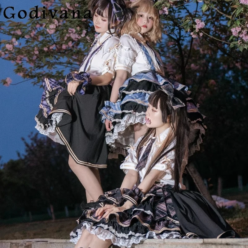 

Women Summer Lolita Costume JSK Suit Short Sleeve Shirt Lace Up Tie Stitching Suspender Skirt Outfits Girls Plaid Dress Set