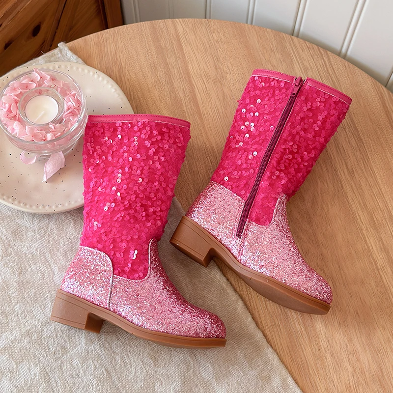 Sparkly Sequins Mid-calf Boots for Little Girls 2026 New Winter Kids High Heels Leather Boots Non-slip Trendy Princess Party