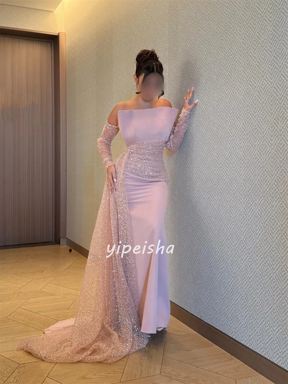 Customized High Quality Classic Jersey Sequined Ruched Mermaid Strapless Long Dresses Bespoke Occasion Dresses Sizes Available