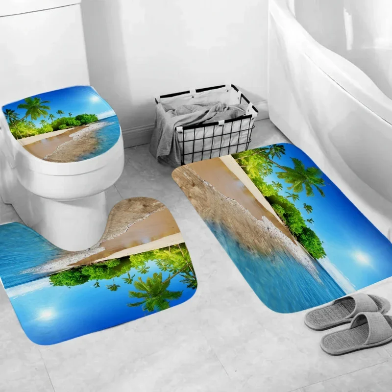 1/4pcs Sunshine Beach Printed , Decorative Bathroom Set Including Waterproof Shower Curtain With Hooks, Non-sl