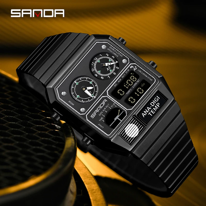 SANDA 3192 كوارتز إلكتروني مربع 5ATM مقاوم للماء للرجال متعدد الوظائف ميزان الحرارة إنذار ساعة توقيت كرونوغراف ساعة رجالي #5