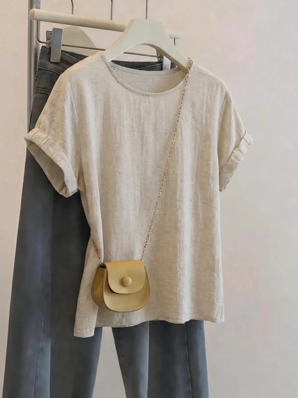 Ladies' Cotton Linen Short Sleeve T-Shirt Shoulder Width Regular Summer 2026 New Style plus Size Conceals Belly Simple Design