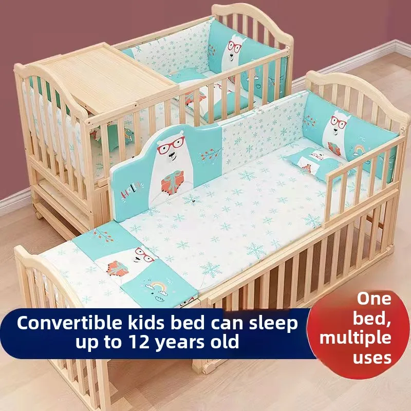 Solid wood crib Splicing large bed Movable unpainted multi-functional baby crib Newborn baby bed Children's bed