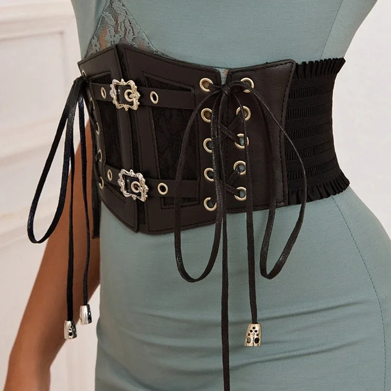 Punk Corset Underbust ผู้หญิงรัดตัวลูกไม้ผ้าพันคอ Body Shaper เข็มขัดเอวกว้าง Gothic Slimming สีทึบรัดตัว Bustiers