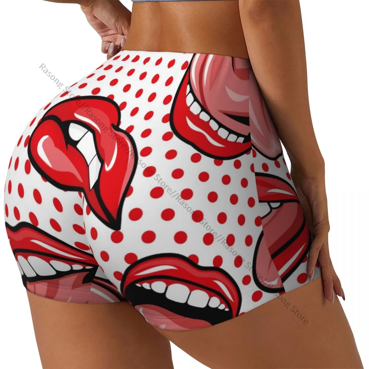 Sexy tight hip sports shorts Art Red Mouth Lip Tongue Dot Pattern fitness women's comfortable yoga shorts