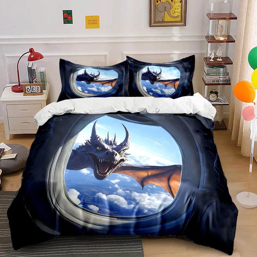 A dragon appears outside plane window Printed Duvet Cover Set 1 Duvet Cover+2 Pillowcase Multi Size Bedroom Bedding Decoration