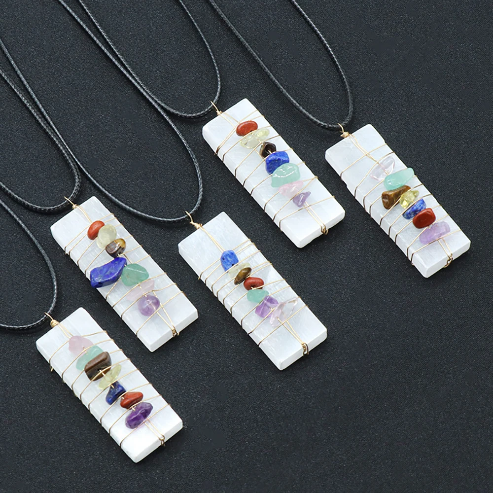 الطبيعية الخام Selenite شفرة مع 7 شقرا رقاقة الأحجار قلادة سلك ملفوفة قلادة شفاء بلورات عينة معلقة زخرفة #3