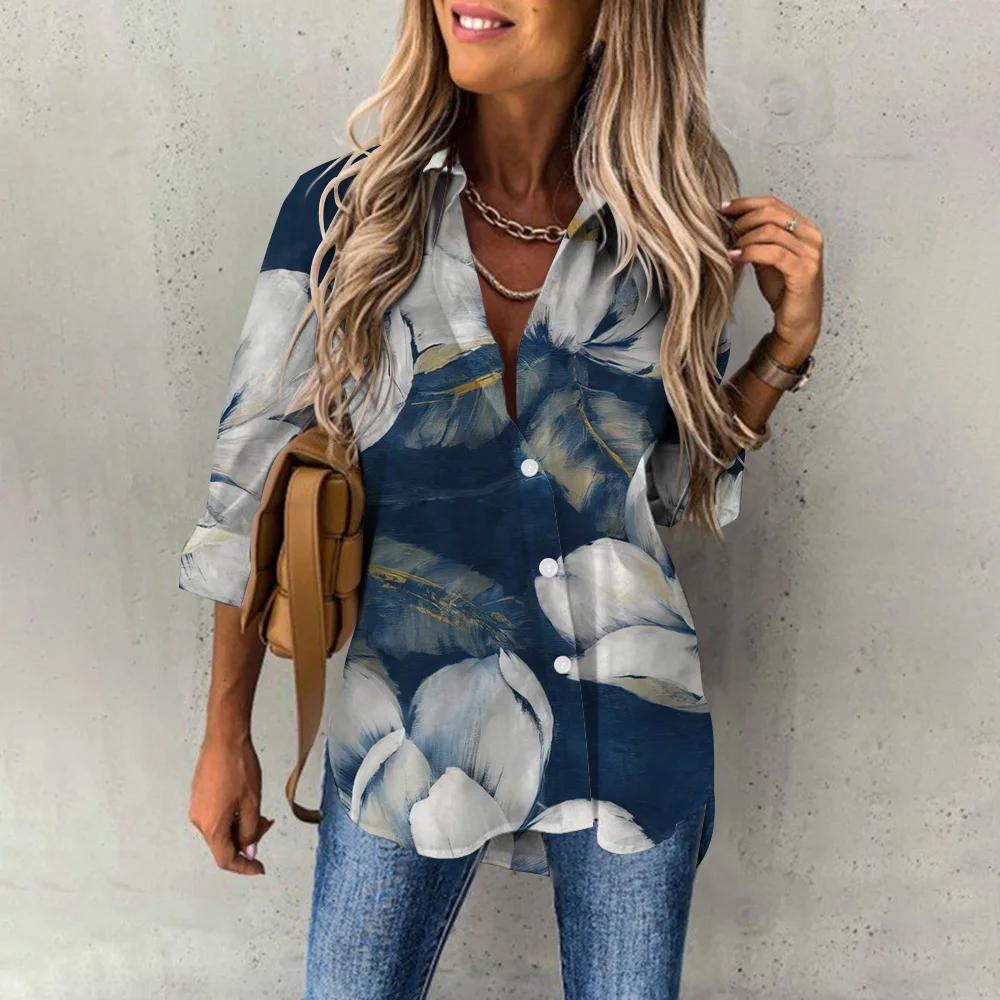 Elegant Women\'s Blouse Oil Painting Floral Printing Long Sleeves Trendy Lapel Button Up Shirts Blusa Mujer Office Daily Tops