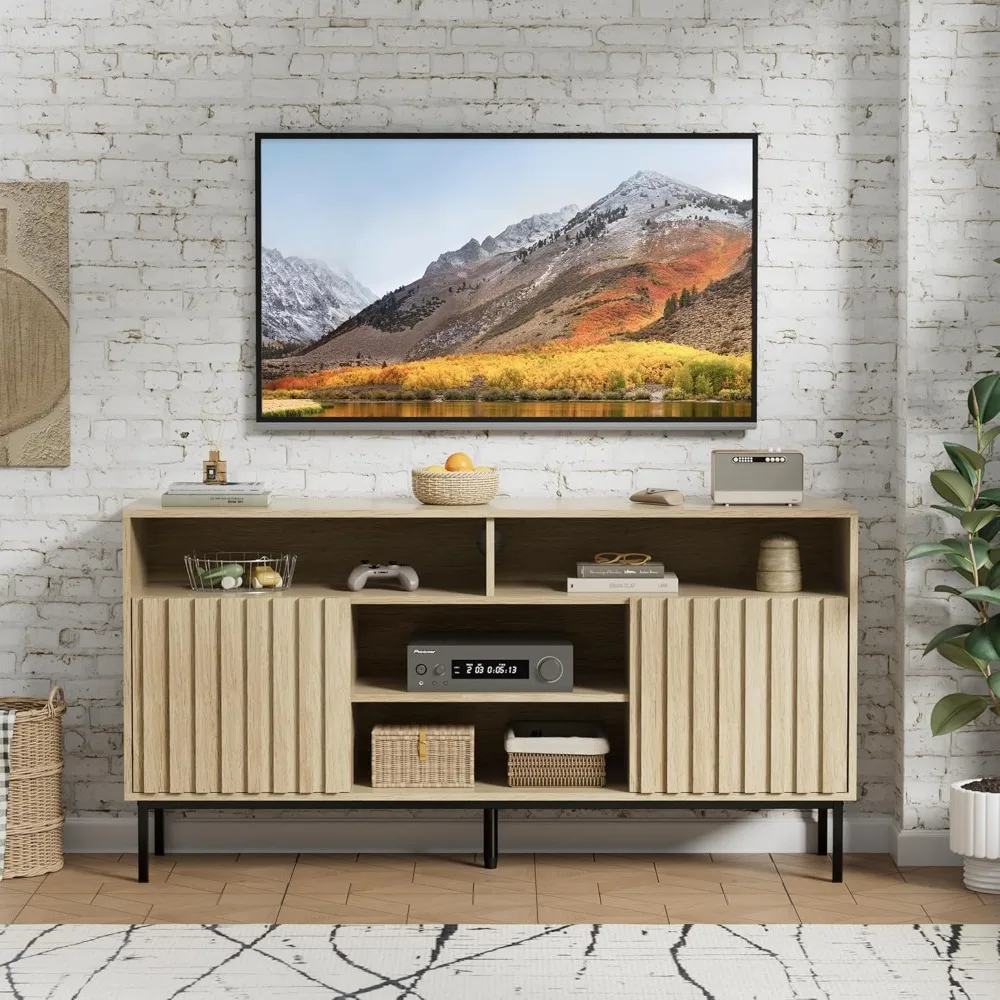 Mid Century Modern TV Stand Cabinet for Living Room(up to 50/55/60/65 Inch),Natural Wood TV Stand Bedroom,TV Media Console Cabi