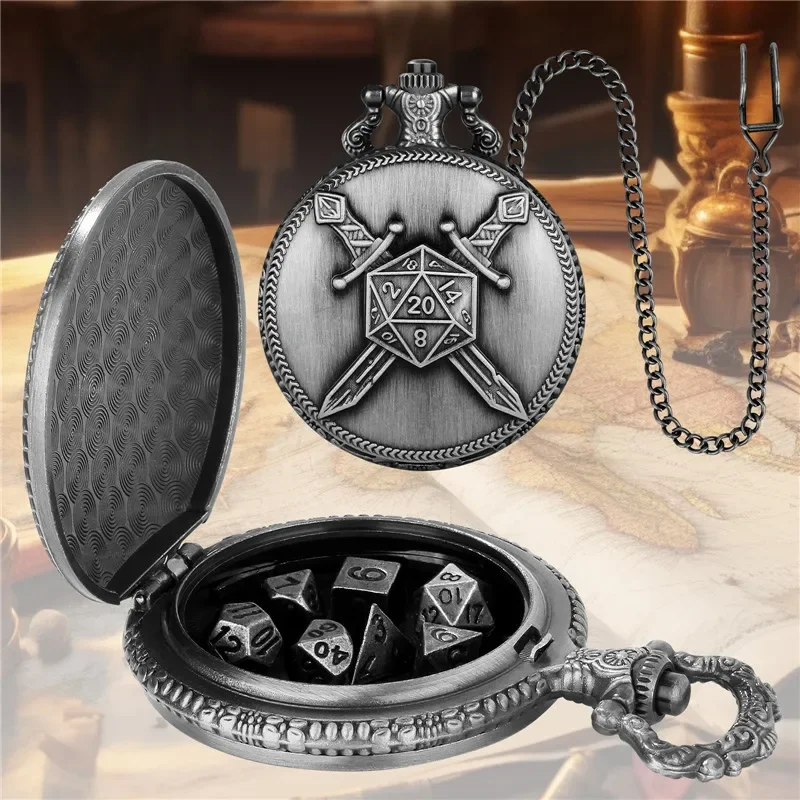 Steampunk 7 x Tiny Metal Polyhedral Dice Set with Double Fighter Swords Pocket Watch Case FOB Chain Role Play Gaming Dices