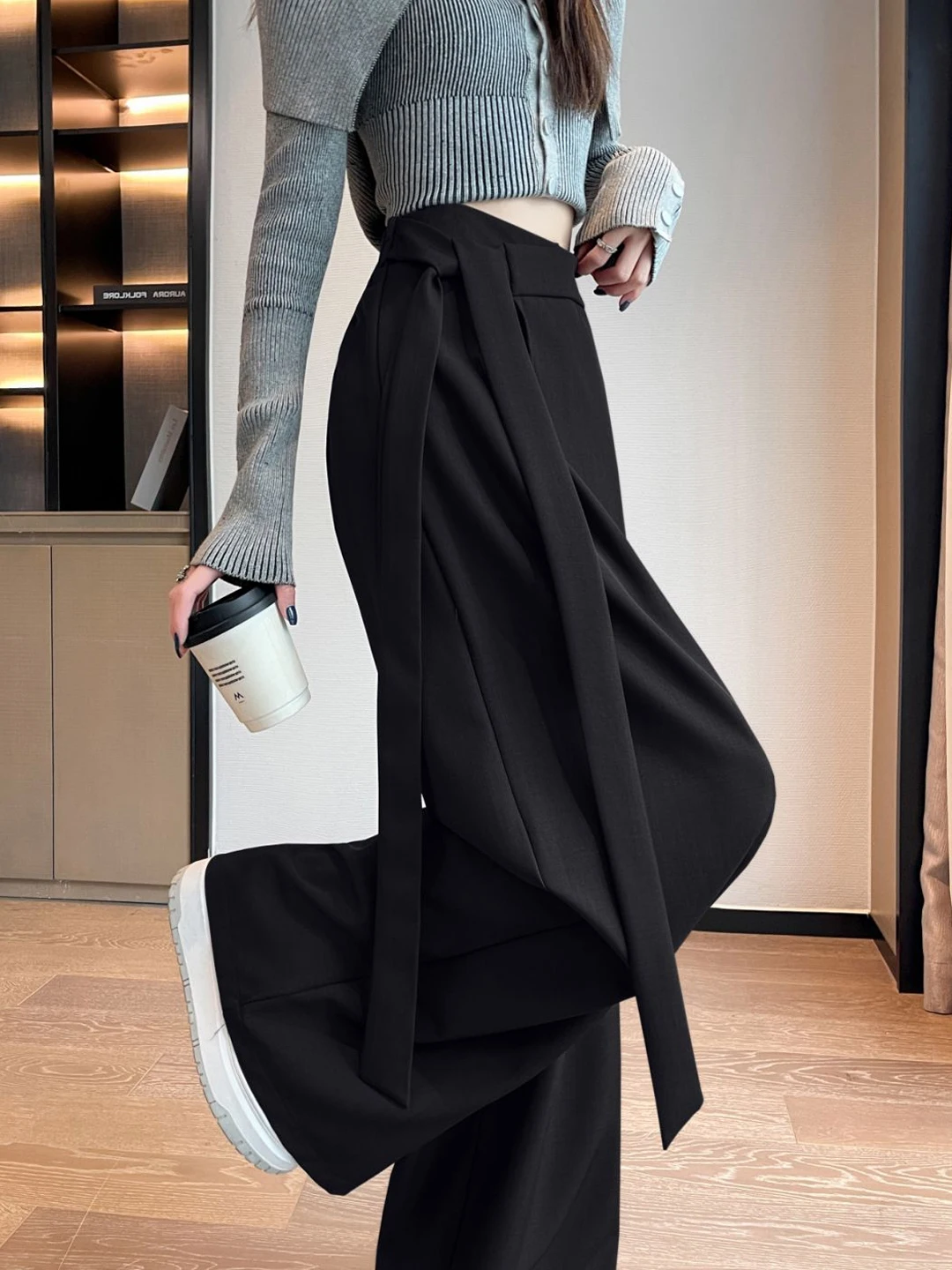 Bla Suit Pantaloni a gamba larga Pantaloni casual da donna Vita alta Taglio dritto Coreano Sle Fibra di poliestere Asimmetrico Autunno Nuovo A...