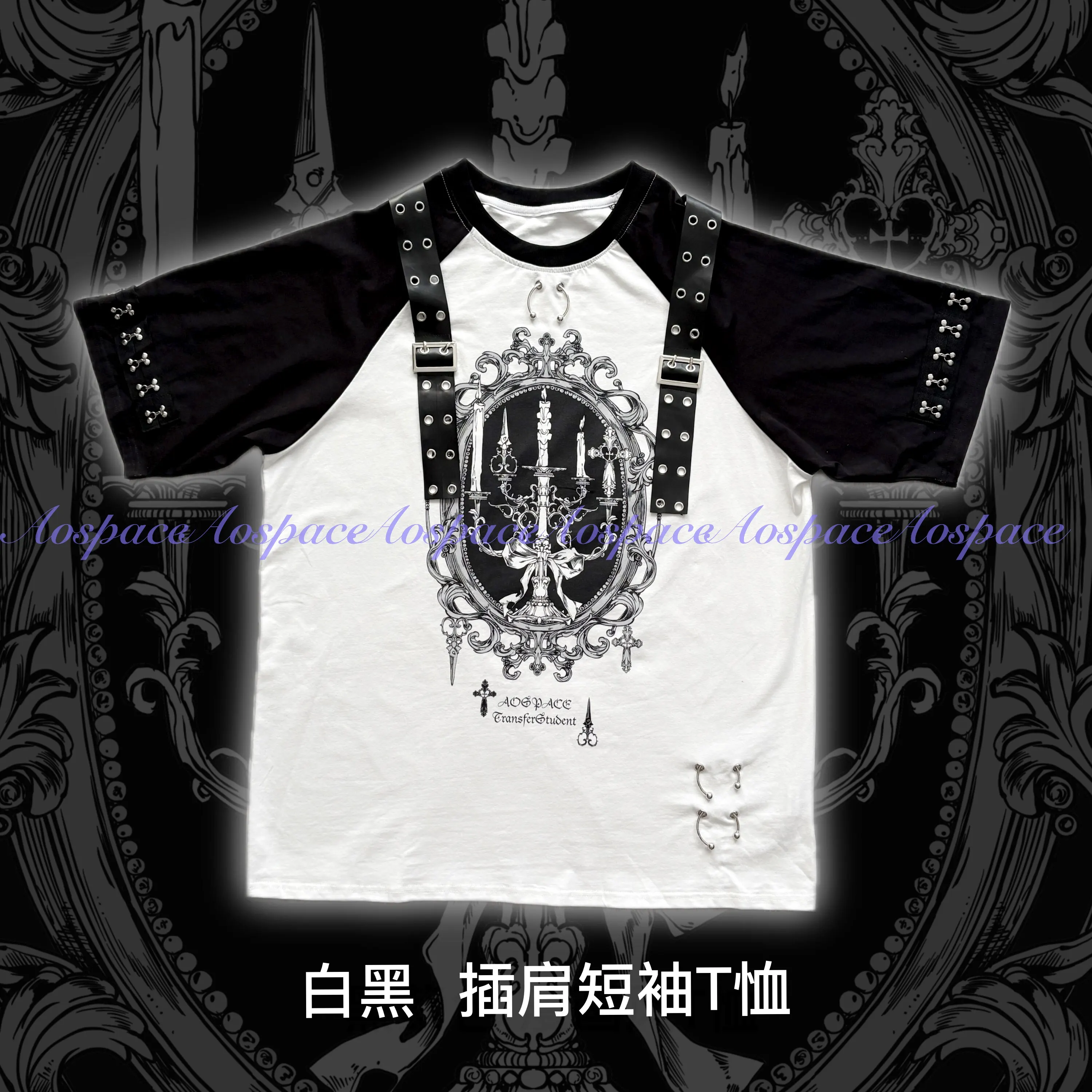 2026 summer punk strap short sleeved men's T-shirt top. ， Casual rivet pattern short sleeved women's unisex T-shirt top