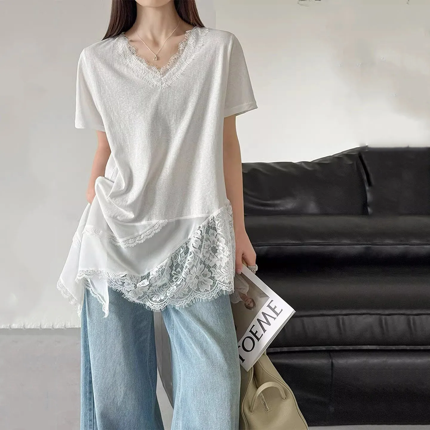 Summer Lace Splicing Irregular T-shirt For Women Korean Casual Fashion Simple Solid Color Loose V-Neck Female Skirt Tees