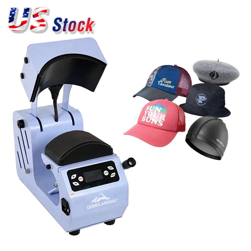 US Stock Qomolangma 2 in 1 Automatic Cap Hat Easy Heat Press Machine with 2pcs Interchangeable Platens for Bulk Wholesale