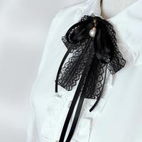 Fashion Black Lace Ribbon Bow Tie Pearl Pendant Brooch Women Shirt Collar Clothes Necktie Decoration Accessories
