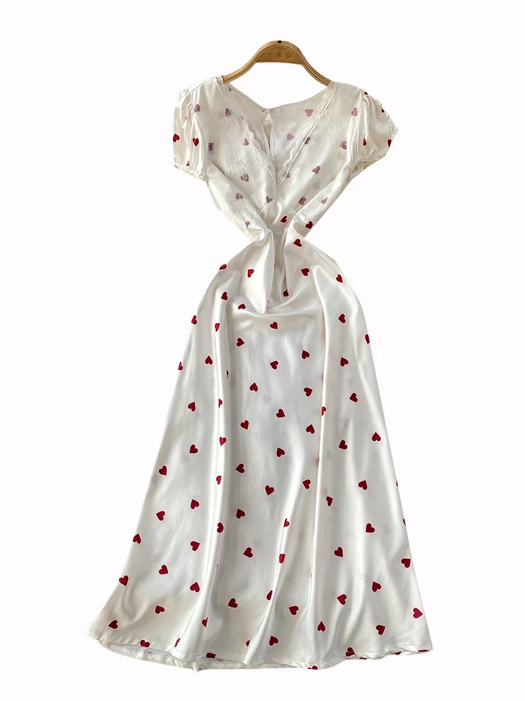 Ele Long Dr المرأة مثير الدانتيل تقليم V-Ne ort Sve الساتان طباعة عالية الخصر ألف خط دكتور الصيف Faion Dr