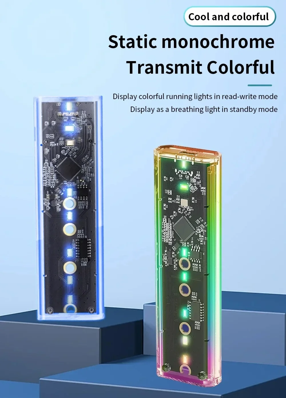 RGB transparent m.2 solid state 4TB hard drive Nvme dual protocol 10Gbps mobile notebook USB hard drive case M key M&B key SSD