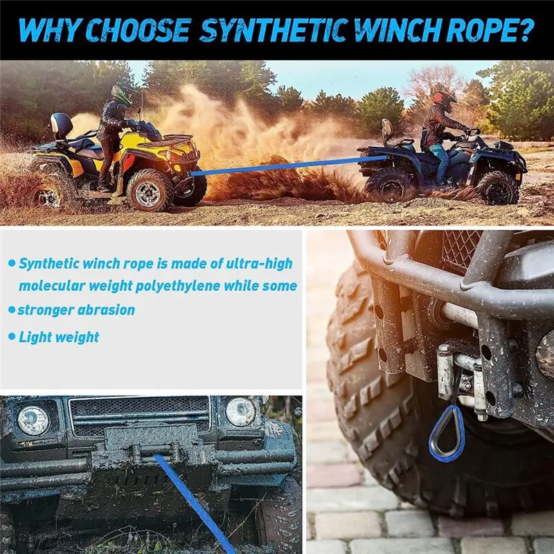 2PCS Winch Line Cable Rope 1/4 Inch X 50 Feet UV Resistant For UTV ATV Winch Truck Supplies Blue