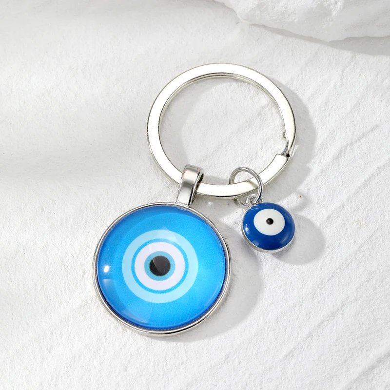 Round Evil Eye Hand Hamsa Time Gem Keychain For Women Men Unique Heart Triangle Turkish Blue Eye Fatima Hand Bag Box Car Keyring