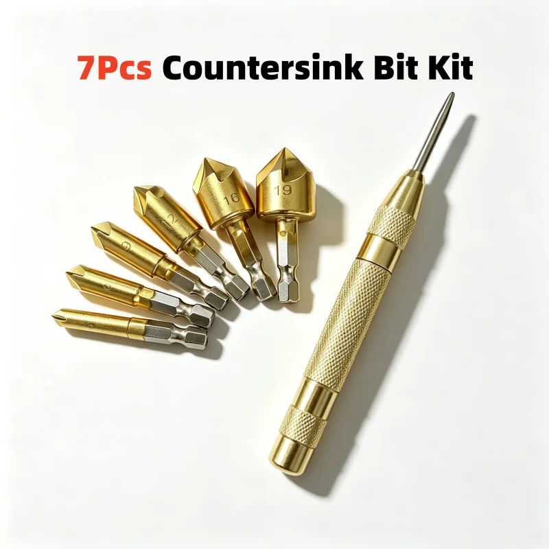 7Pcs Countersink Drill Bit Set 6-19mm Titanium Coated 1/4 Hex Shank Wood Chamfering Countersink Bits With Automatic Center Punch