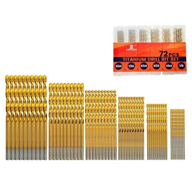 

INTOO Mini Drill Bit Set 60 Pcs+12 Pcs Free High Speed Steel HSS Titanium Micro Drill Bits 3/64"-1/8" Metal,Plastic,Wood