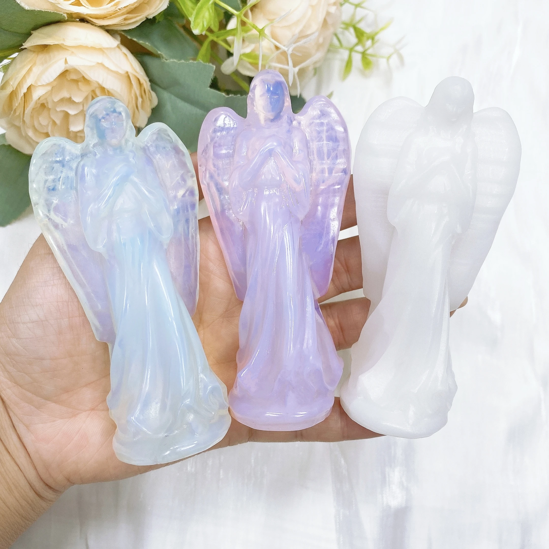 4'' Angel Statue carving Guardian Figurine Crystal Stone Pink Opalite Handmade Room Ornament Reiki Healing Home Decor Gift