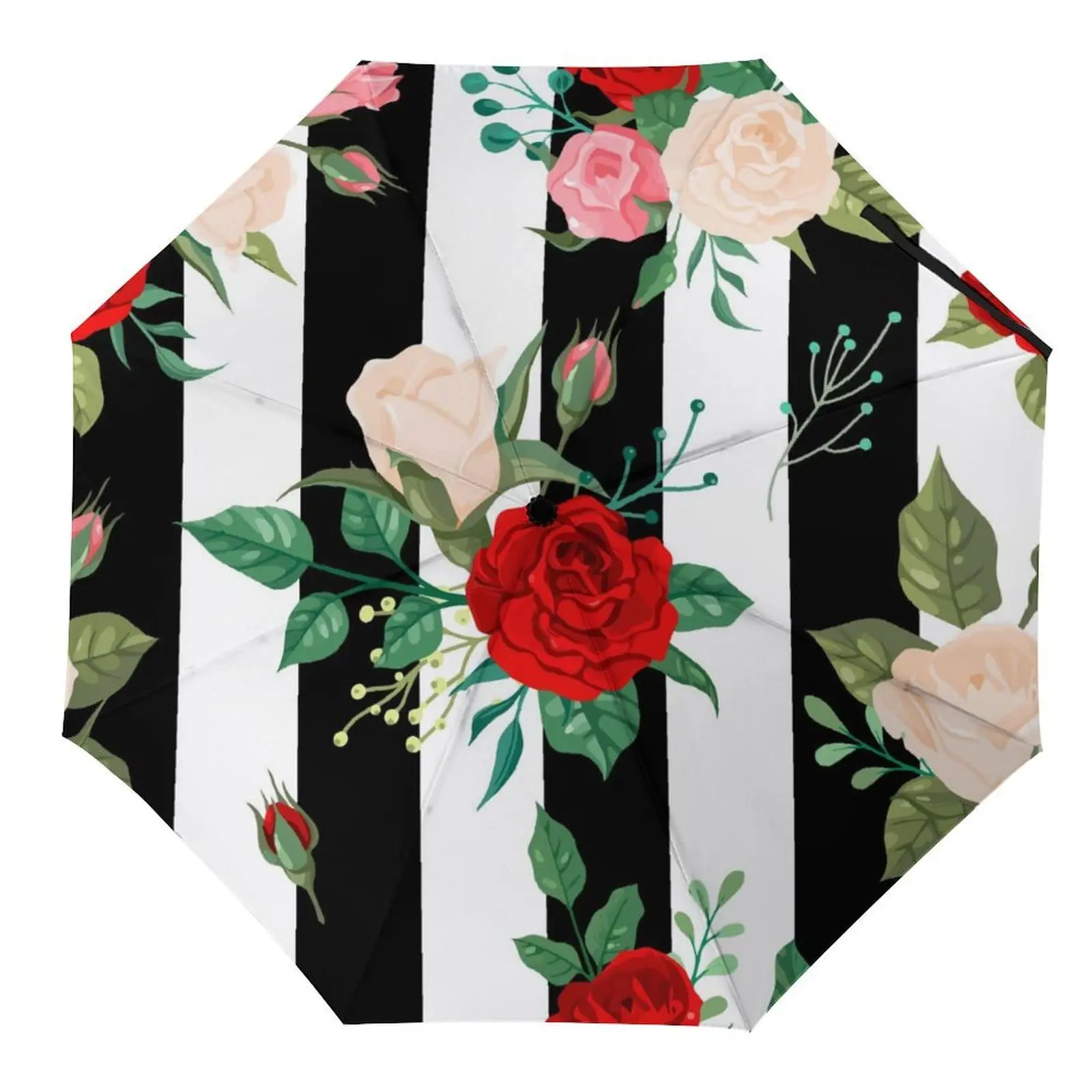 Rose Floral Umbrella Romantic Valentine's Day Flower Folding Umbrella, Hand Opening, 8 Ribs, for Both Sunny and Rainy Weathers