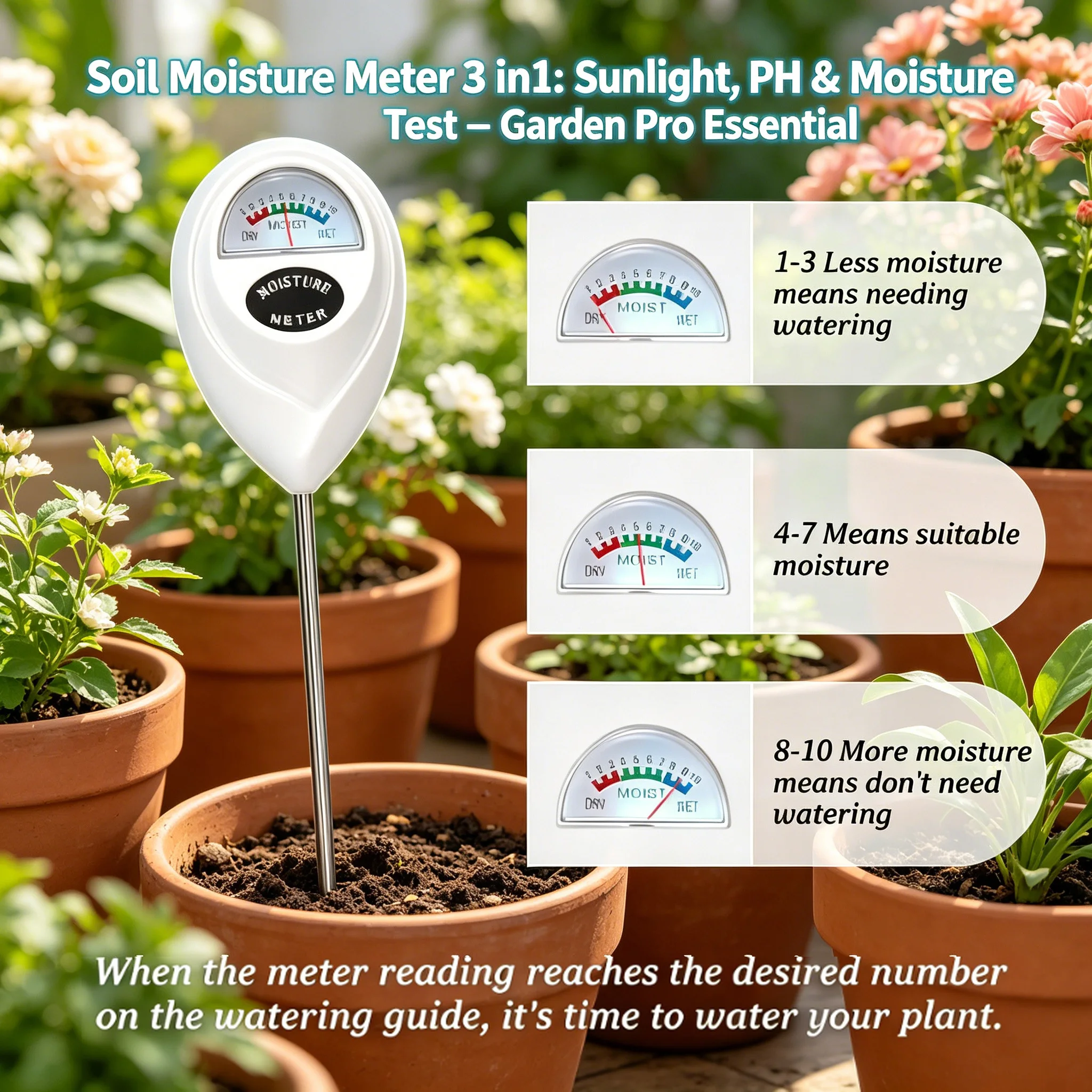 3-in-1 Soil Moisture Meter – No Battery Sunlight & PH Tester, Digital Probe for Water/Acidity/Humidity/Light, Garden Plant Tool