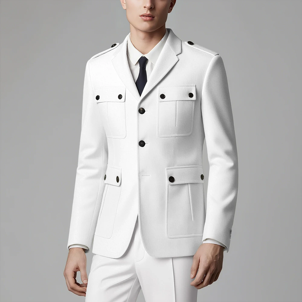Men's Military Style Suit Set with Utility Pockets Single Breasted Blazer Pants Slim Business Work Party Tailored Suits 2 Piece