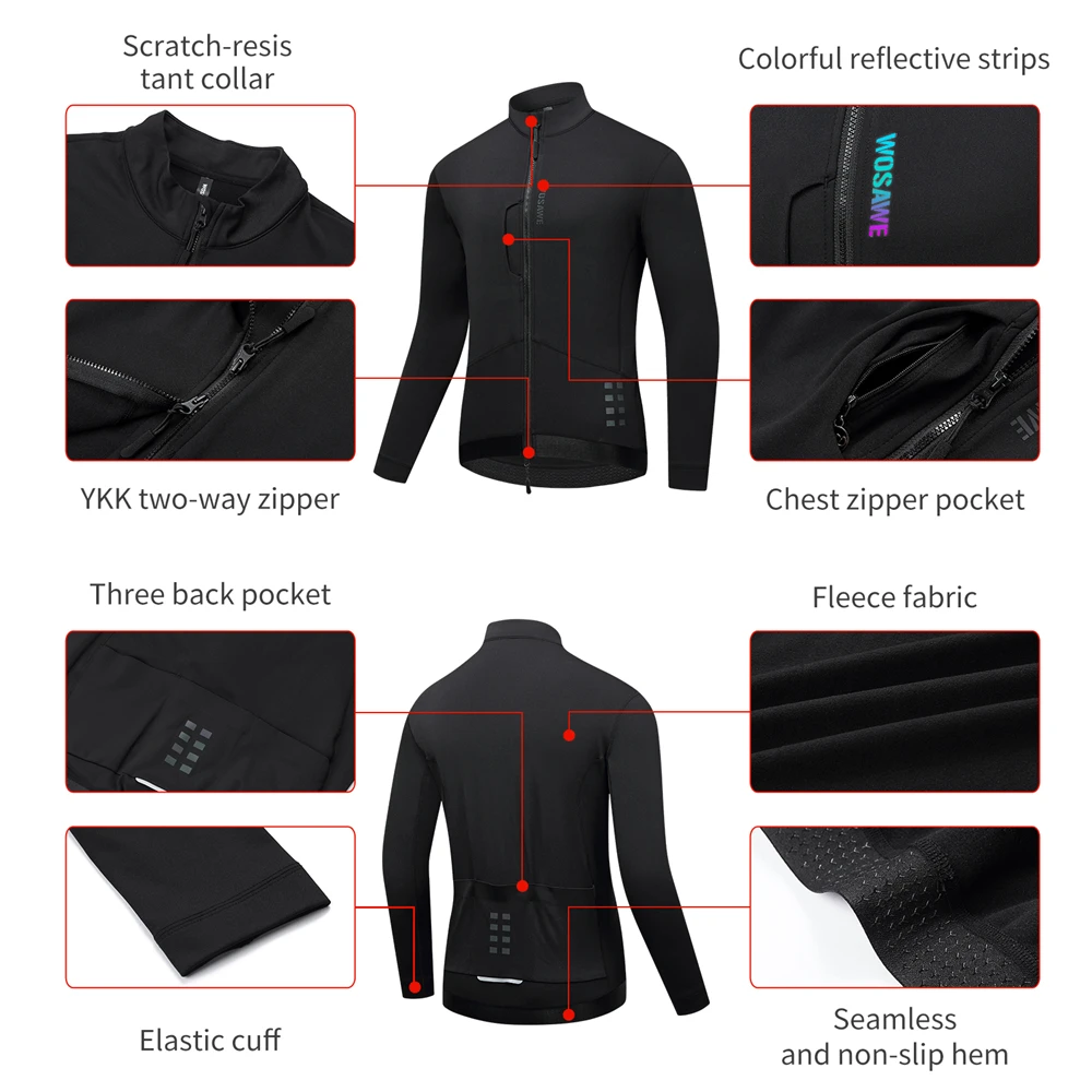 WOSAWE Men\'s Winter Cycling Bike Jackets Windproof Thermal Bicycle Clothing for Men Warm Fleece Road Bike Windbreaker