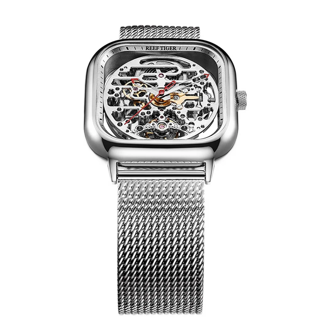 Reef Tiger Men นาฬิกาอัตโนมัติ 44 มม.นาฬิกาข้อมือ 50M กันน้ํา Lume Sapphire Mirror Hollow OUT Dial