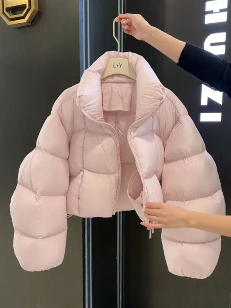 Unique Pink ort Puff Sle Women's down Jaet 2025 New Korean Version Small Size Bread Coat Warm Thiened High Waist Zipper