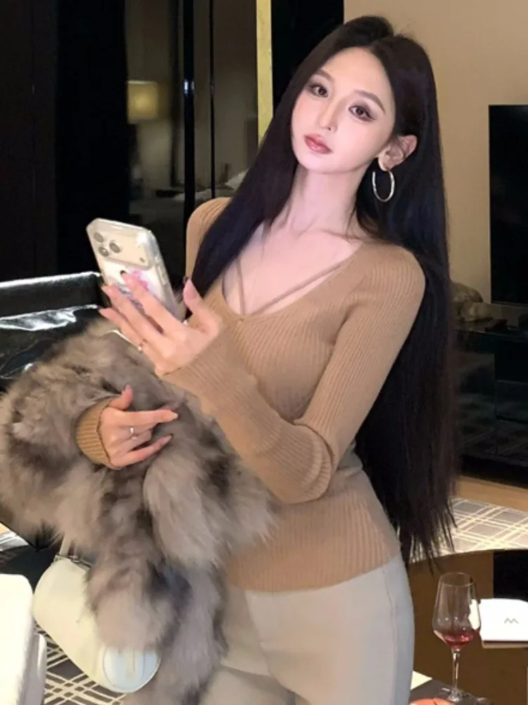

Slim Fit round Neck Long Sleeve Knitted Top Women's Base Layer T-Shirt Spring Autumn New Style Pure Desire Quality Knitted Shirt